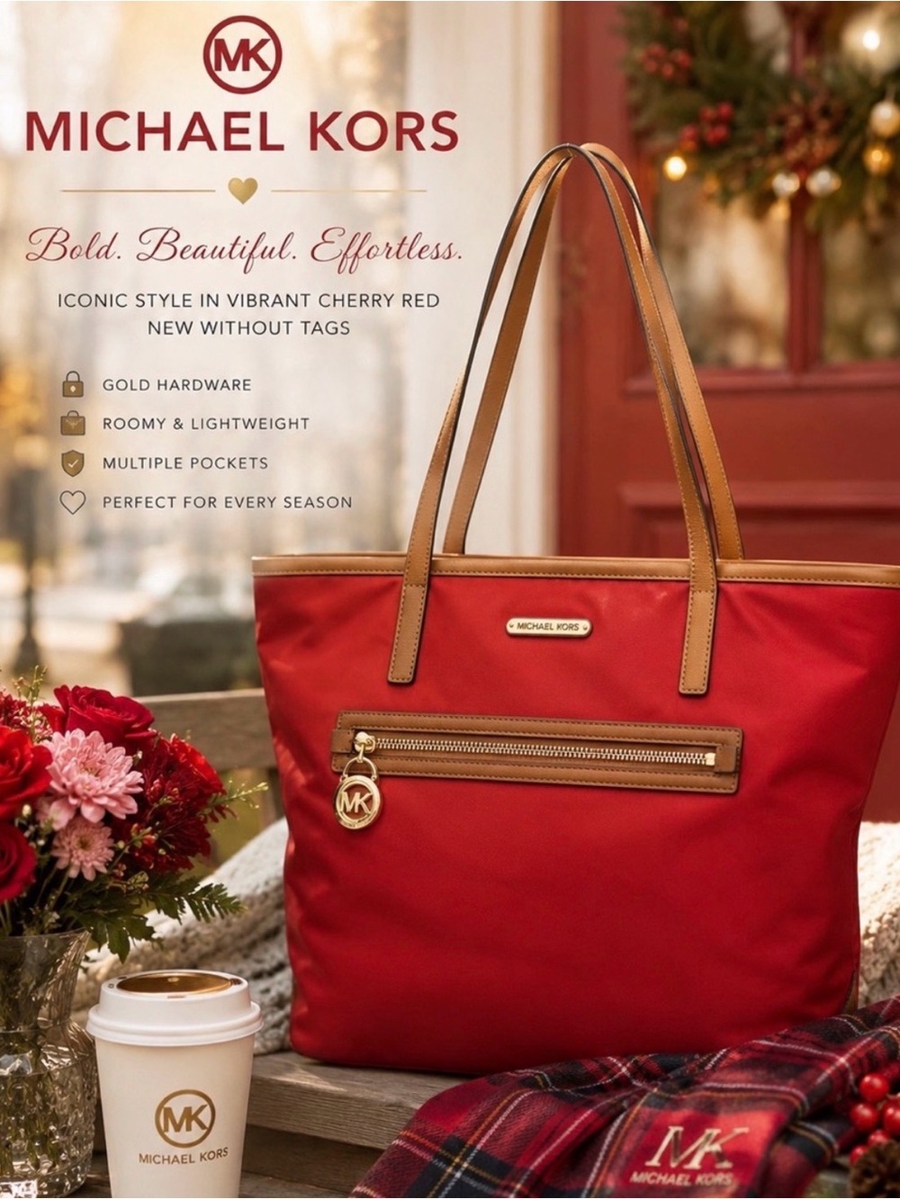 Michael Kors Cherry Red Tote with Tan Trim and Gold Hardware